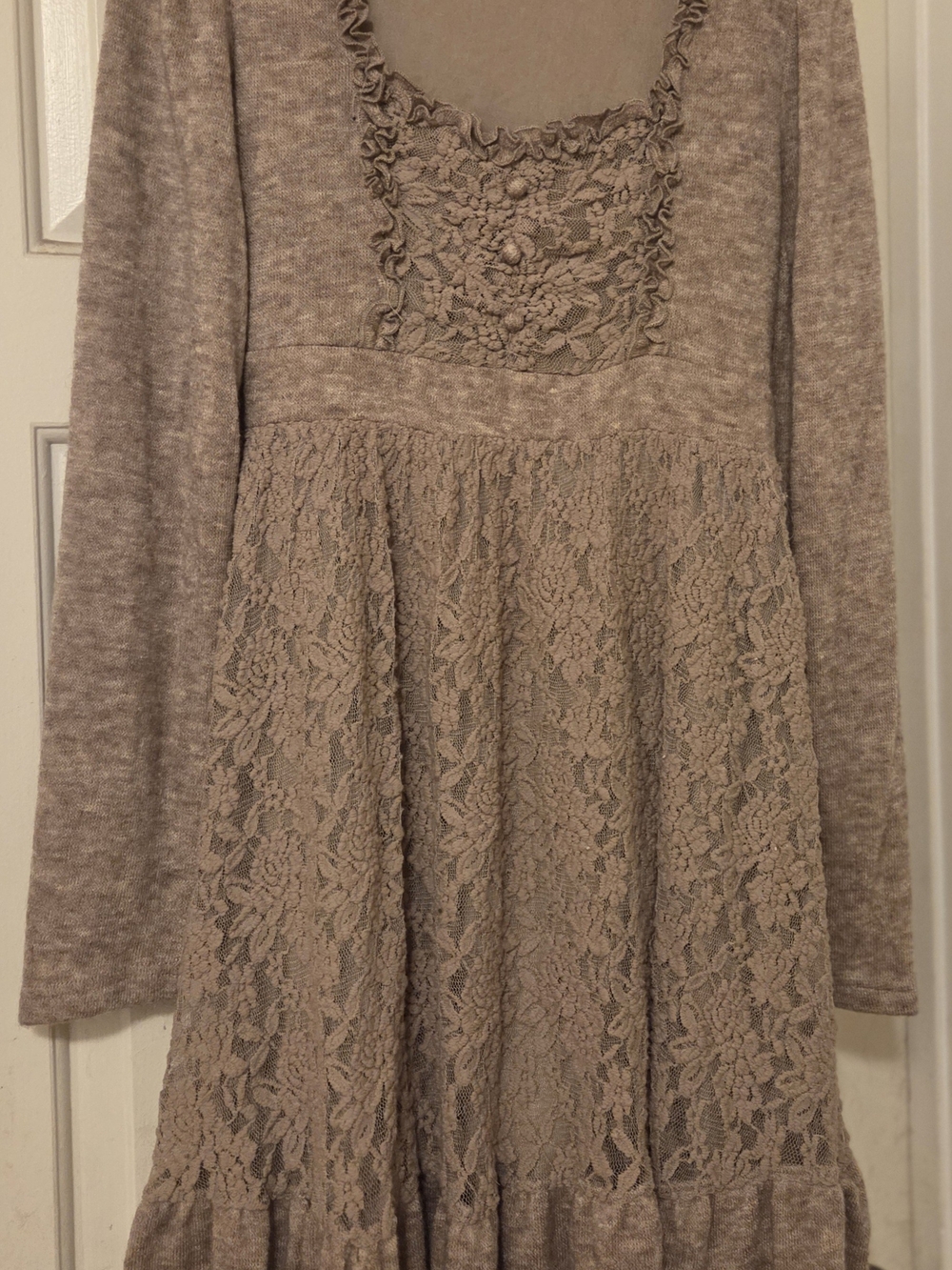 Ryu Lace Panel Long Sleeve Knit Dress - Taupe